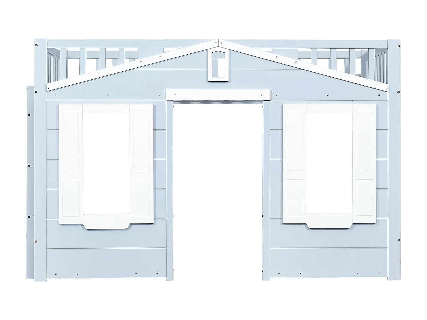 Blauw-witte kinderhoogslaper 90x200cm met ladder en veiligheidshekje, raamdesign, grenen + MDF