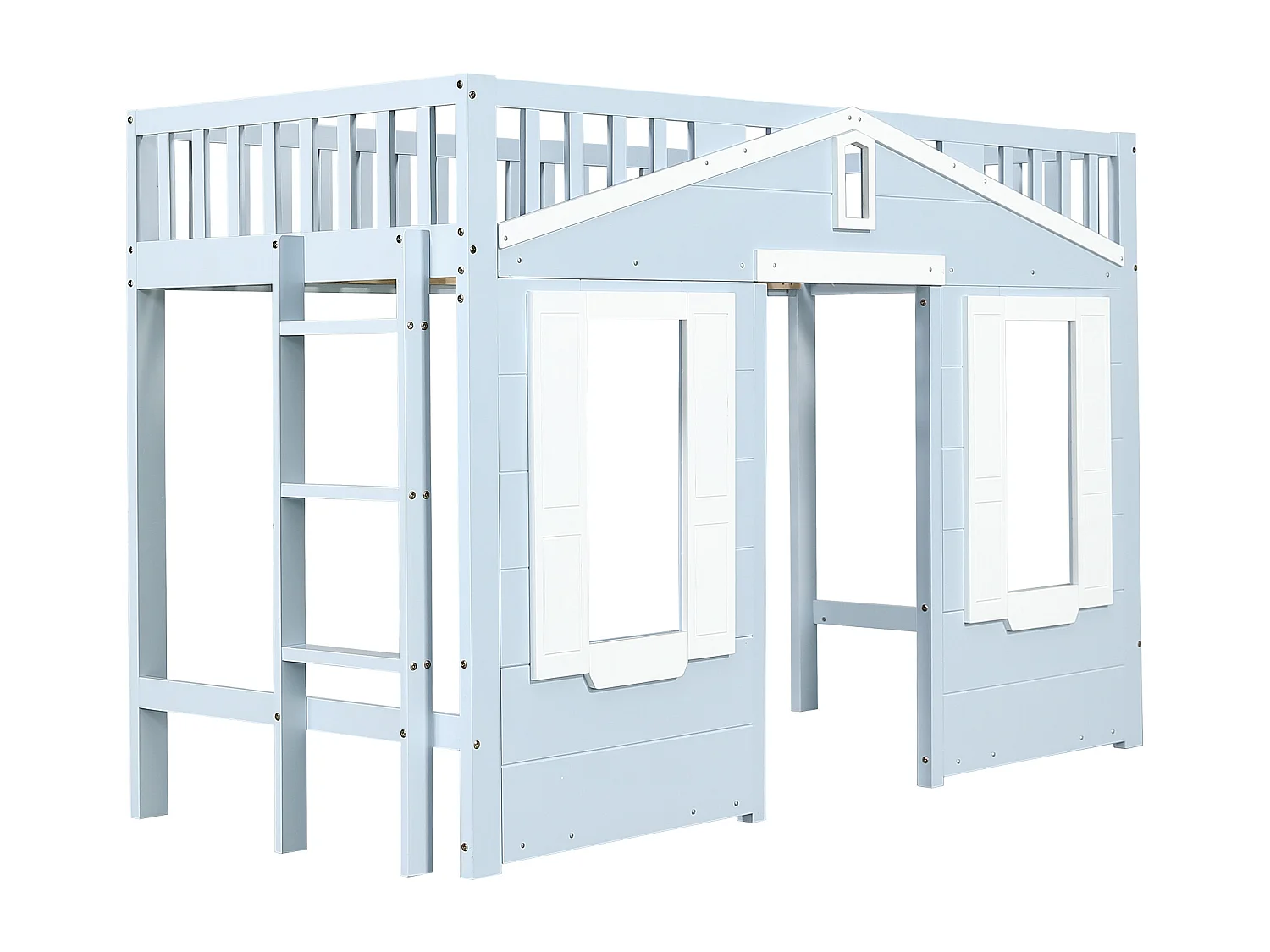 Blauw-witte kinderhoogslaper 90x200cm met ladder en veiligheidshekje, raamdesign, grenen + MDF