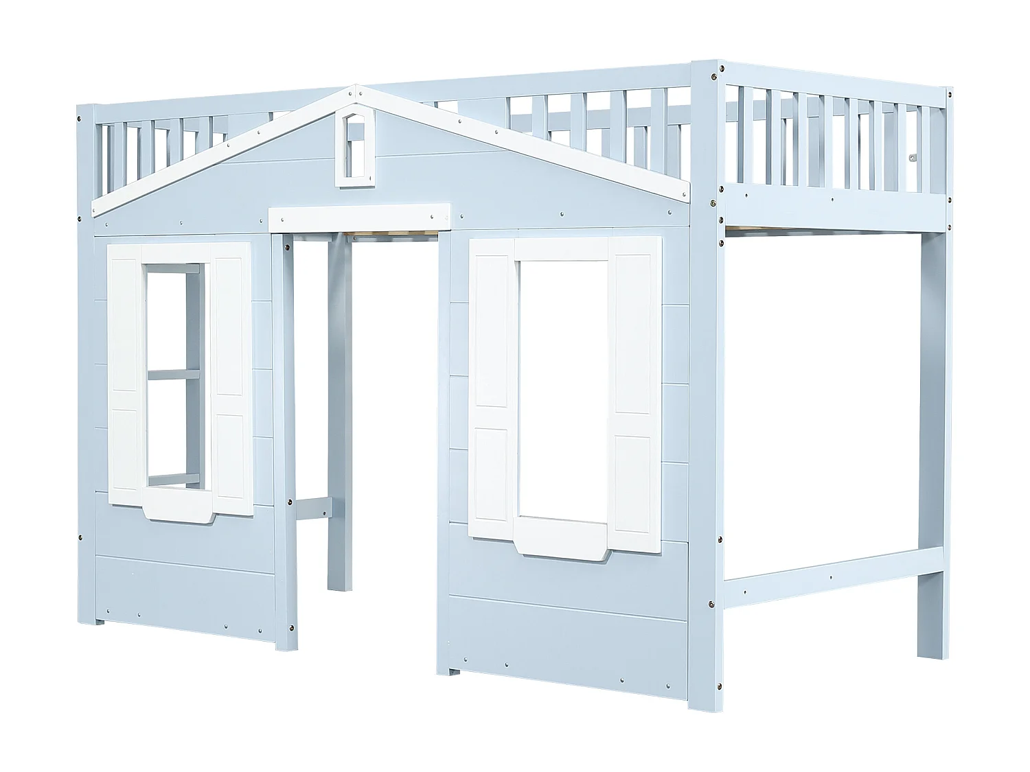 Blauw-witte kinderhoogslaper 90x200cm met ladder en veiligheidshekje, raamdesign, grenen + MDF