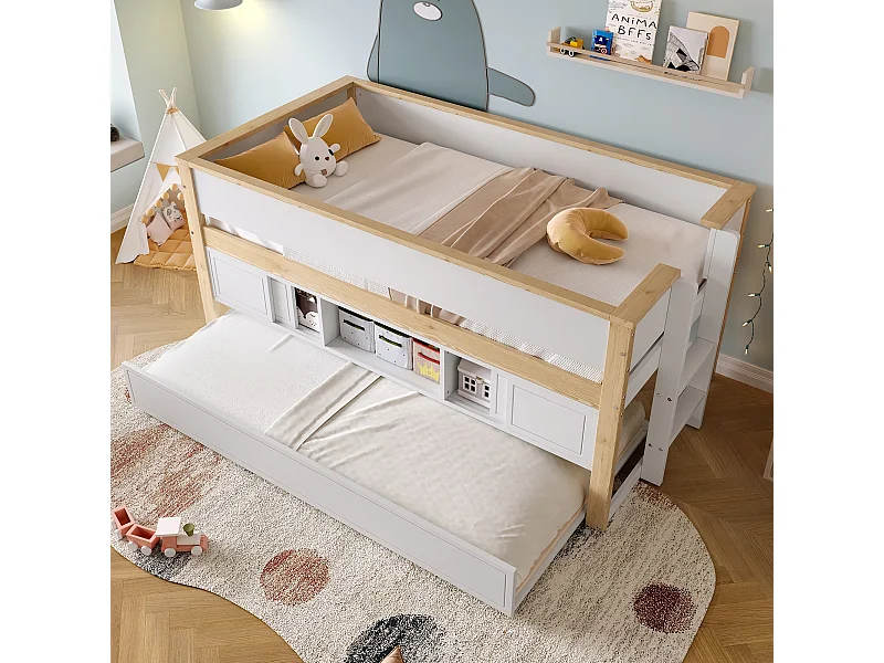 Lit mi-hauteur enfant blanc et naturel 90x200 cm avec lit gigogne 90x190 cm et rangement, sans matelas