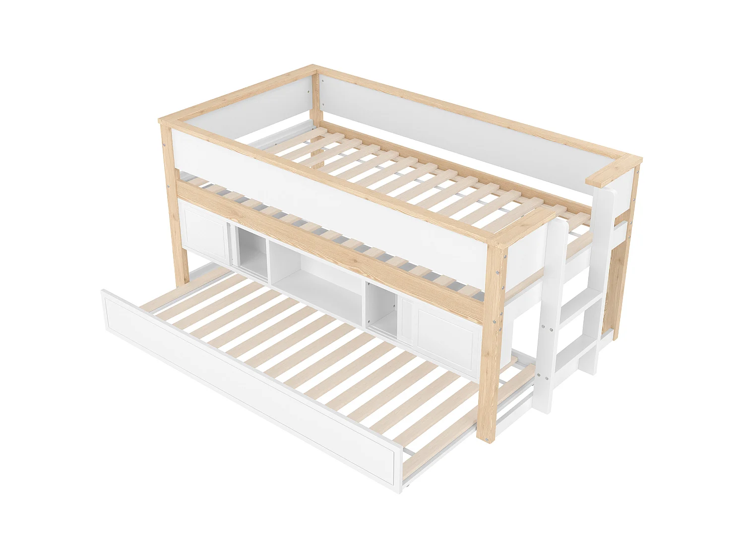 Letto per bambini bianco e naturale a mezza altezza 90x200 cm con letto estraibile 90x190 cm e contenitore, senza materasso