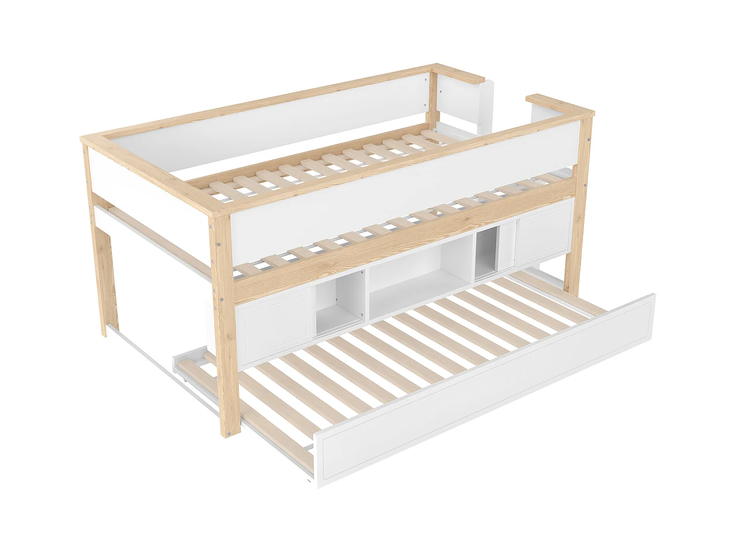 Letto per bambini bianco e naturale a mezza altezza 90x200 cm con letto estraibile 90x190 cm e contenitore, senza materasso