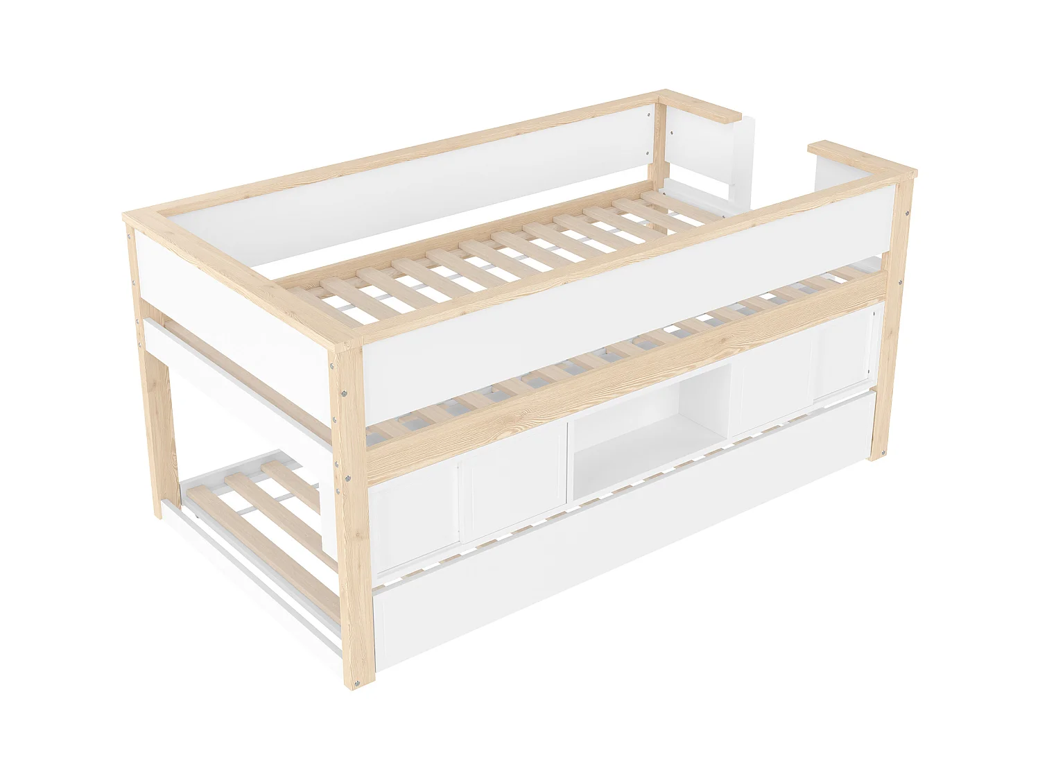 Letto per bambini bianco e naturale a mezza altezza 90x200 cm con letto estraibile 90x190 cm e contenitore, senza materasso