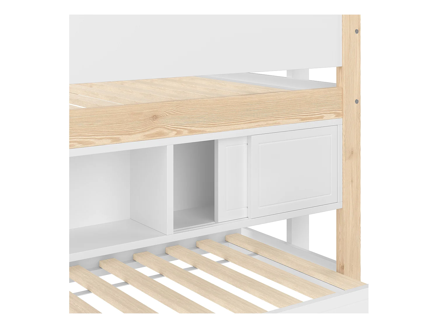 Letto per bambini bianco e naturale a mezza altezza 90x200 cm con letto estraibile 90x190 cm e contenitore, senza materasso