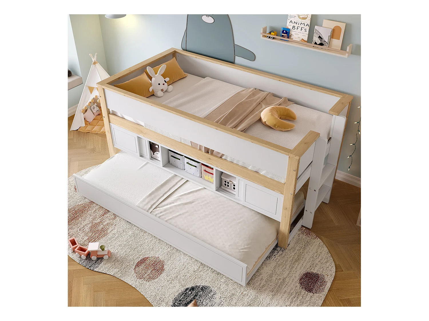 Lit mi-hauteur enfant blanc et naturel 90x200 cm avec lit gigogne 90x190 cm et rangement, sans matelas