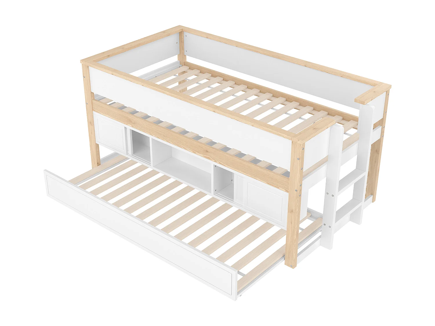 Cama infantil blanca y natural de 90x200 cm con cama nido de 90x190 cm y almacenaje, sin colchón