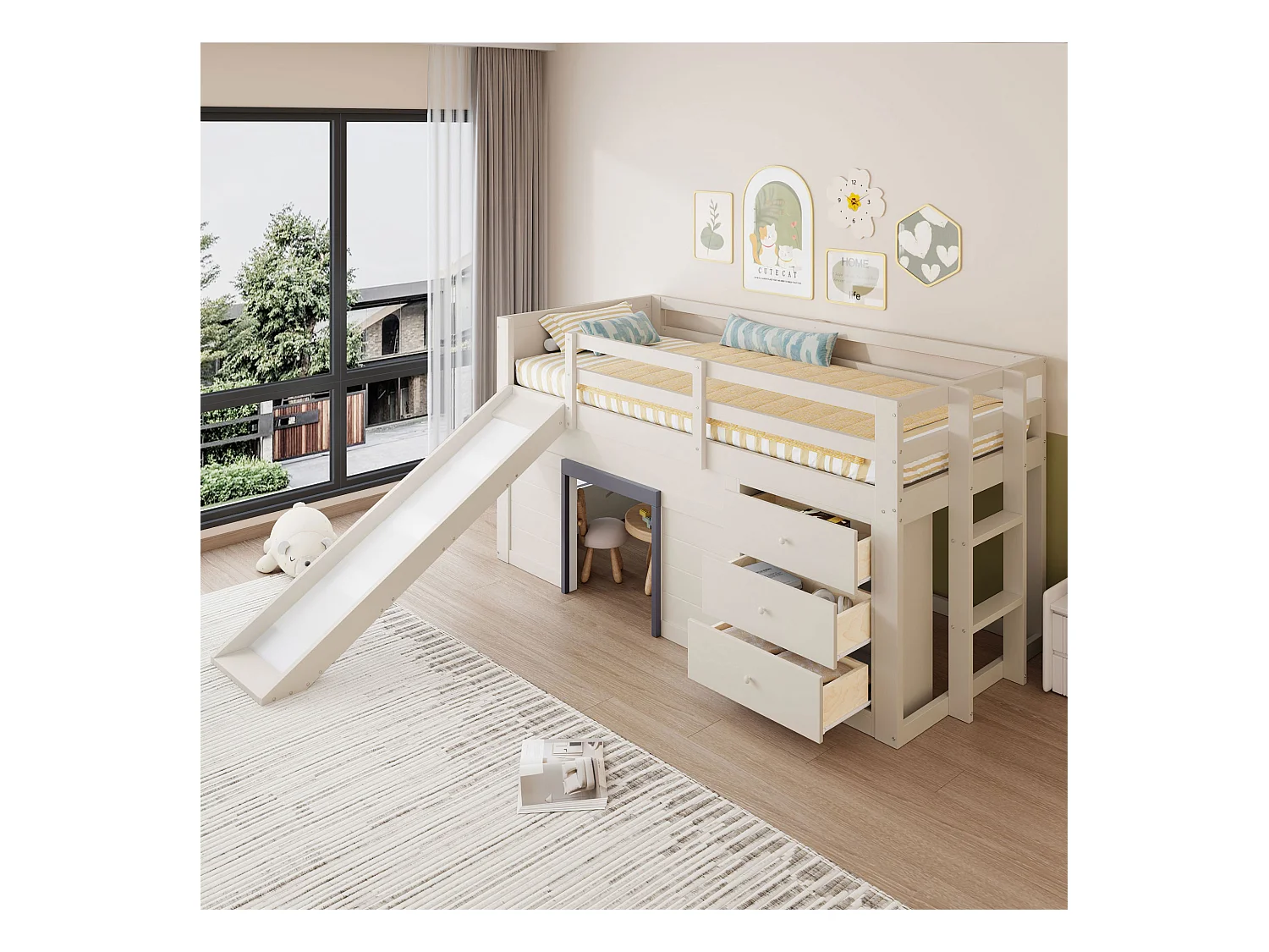 Lit mi-hauteur enfant couleur crème 90x200cm avec 3 tiroirs et glissière, design fenêtre, sans matelas
