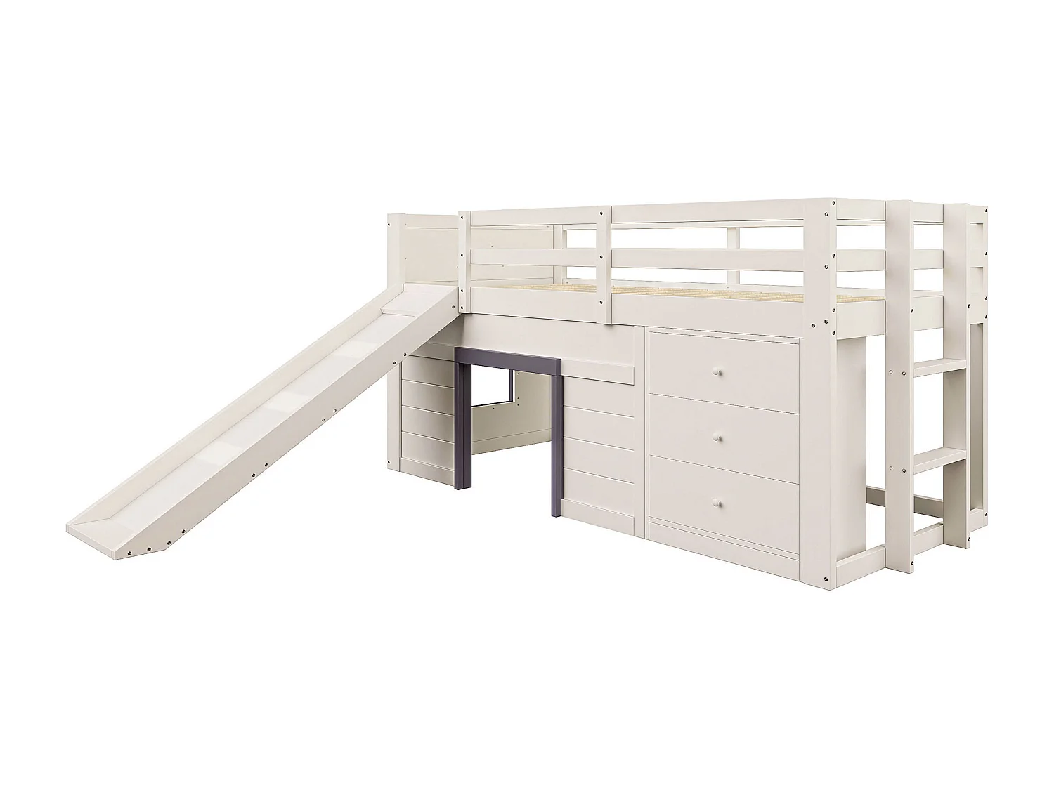 Lit mi-hauteur enfant couleur crème 90x200cm avec 3 tiroirs et glissière, design fenêtre, sans matelas