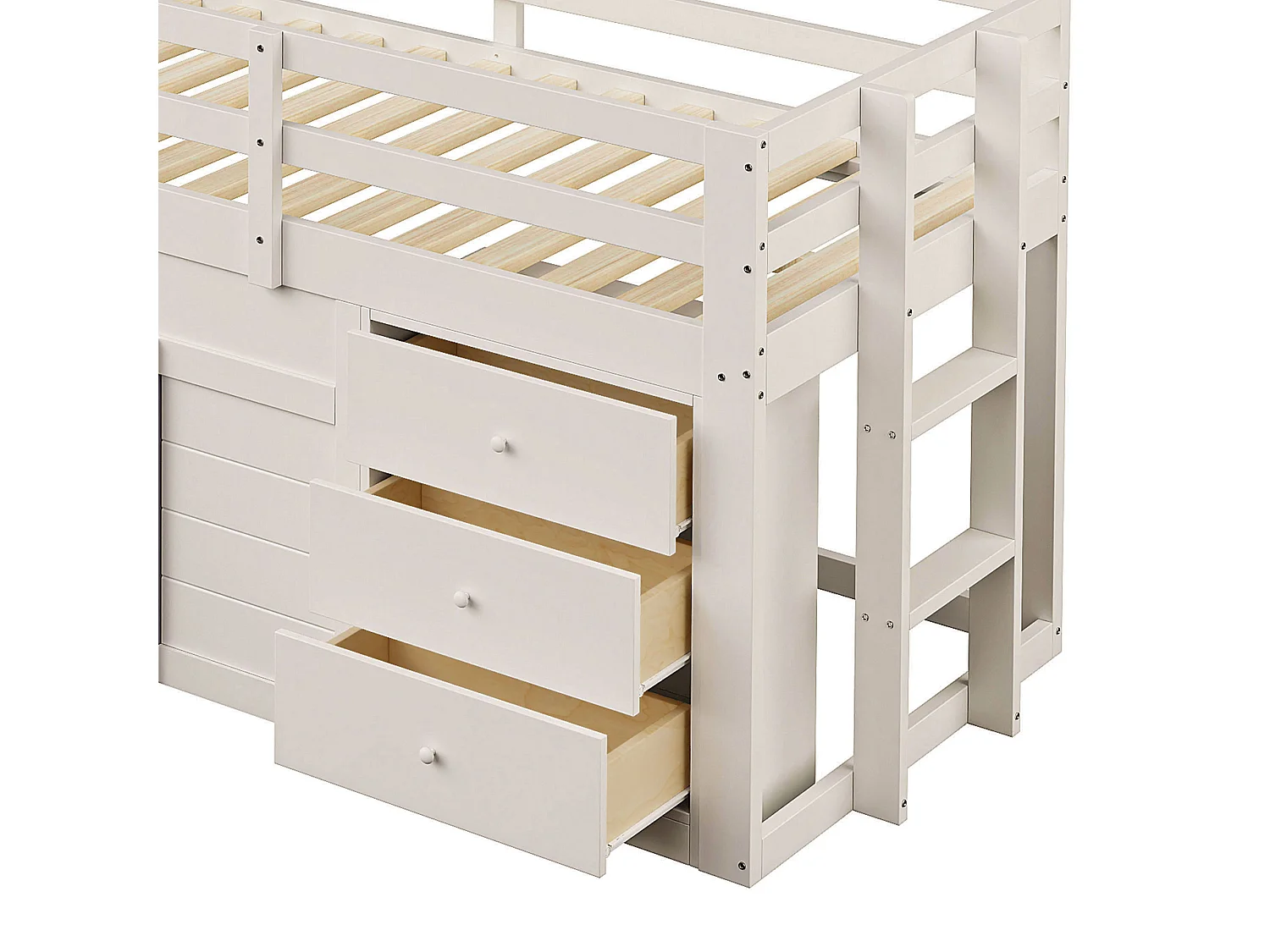 Lit mi-hauteur enfant couleur crème 90x200cm avec 3 tiroirs et glissière, design fenêtre, sans matelas