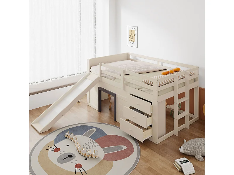 Lit mi-hauteur enfant couleur crème 140x200cm avec 3 tiroirs et glissière, design fenêtre, sans matelas