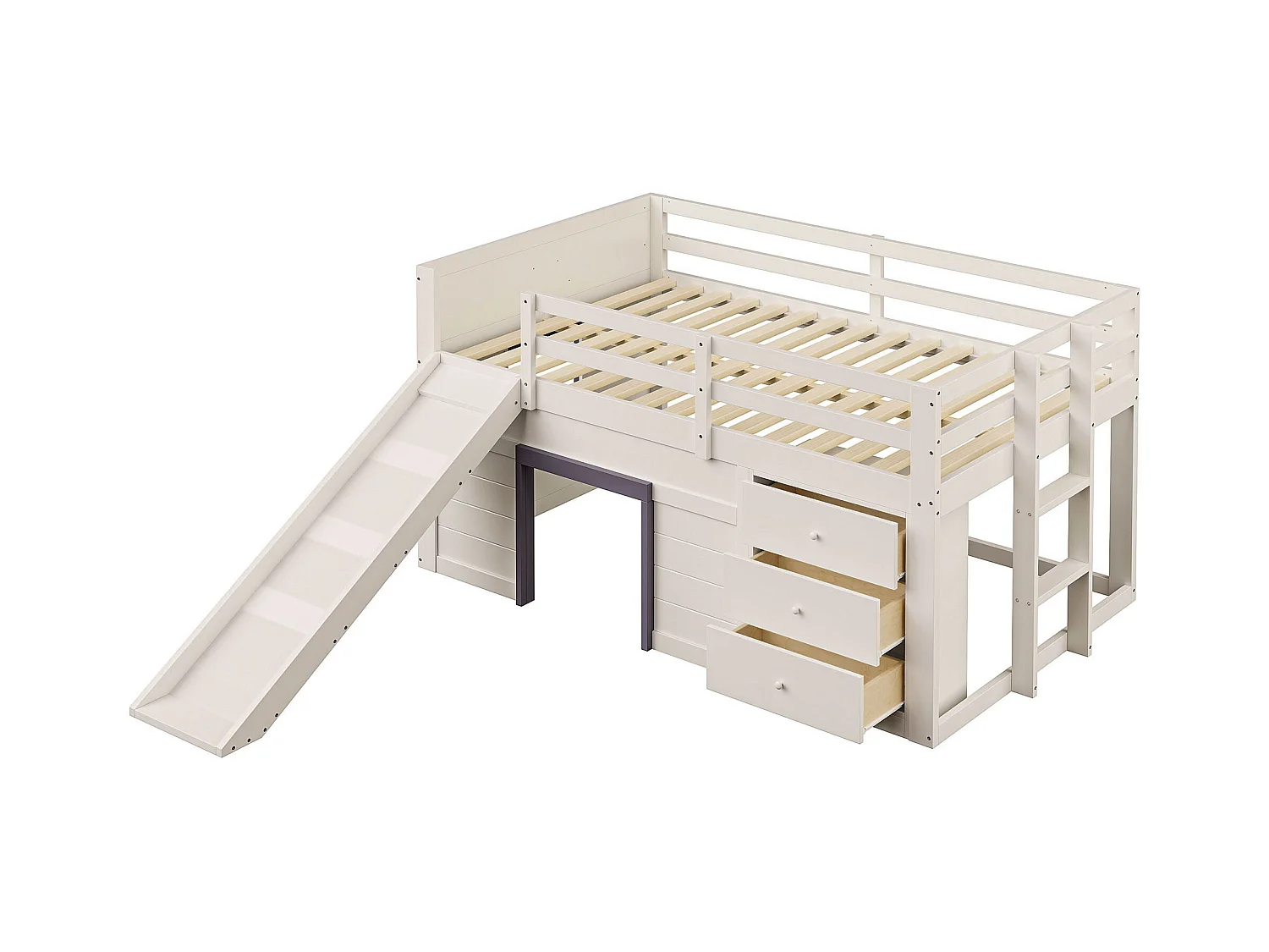 Letto per bambini color crema, altezza media 140x200 cm, con 3 cassetti e scivolo, design a finestra, senza materasso