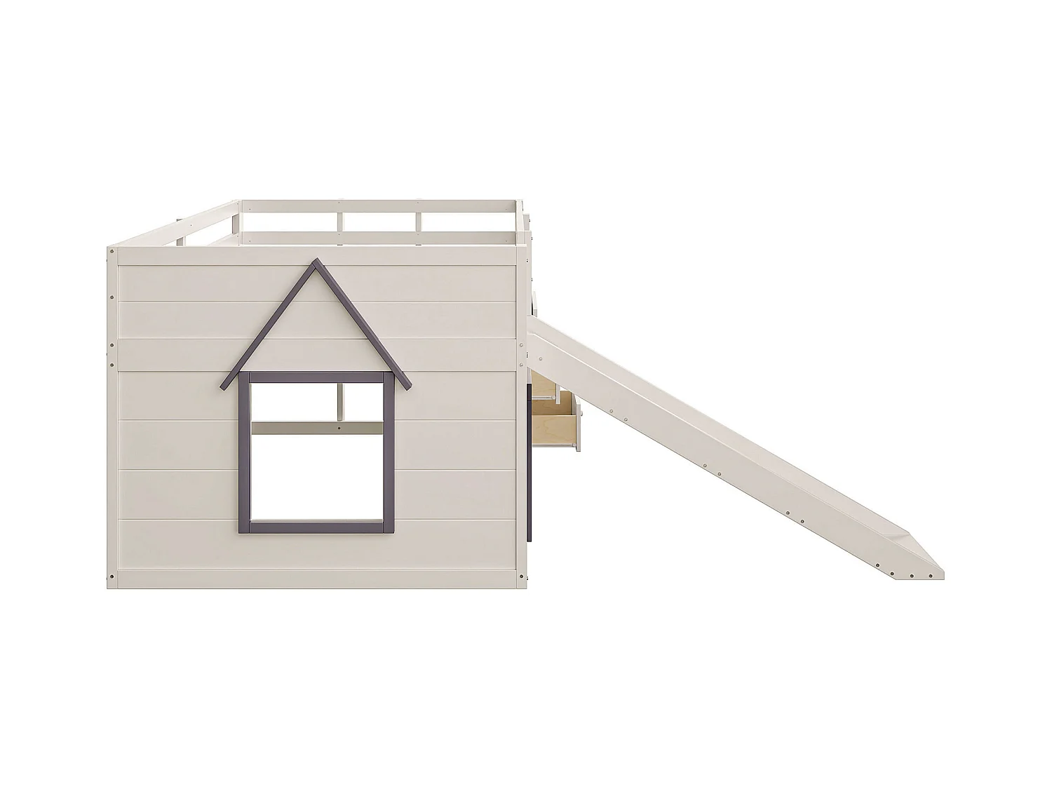 Letto per bambini color crema, altezza media 140x200 cm, con 3 cassetti e scivolo, design a finestra, senza materasso