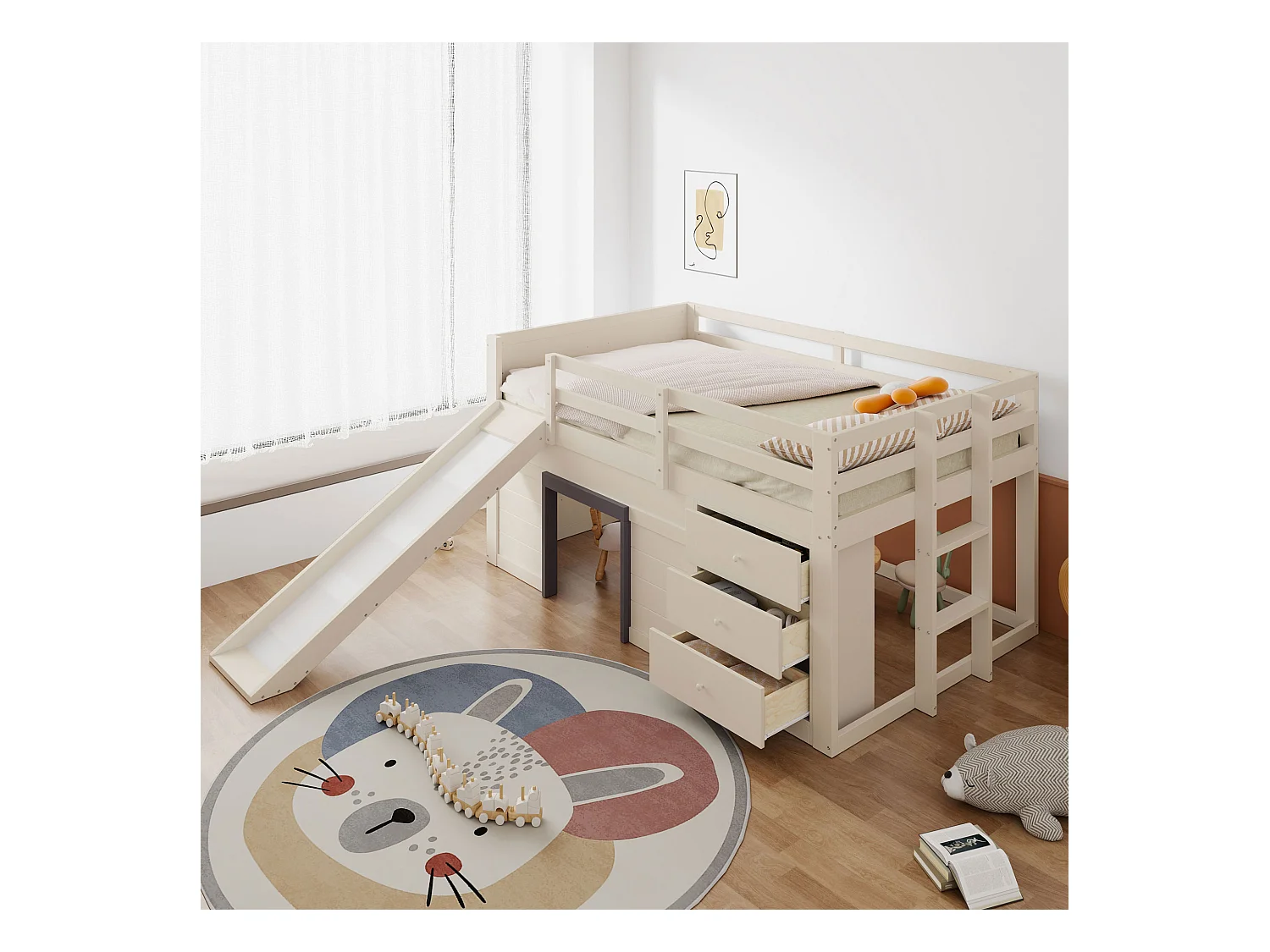 Lit mi-hauteur enfant couleur crème 140x200cm avec 3 tiroirs et glissière, design fenêtre, sans matelas