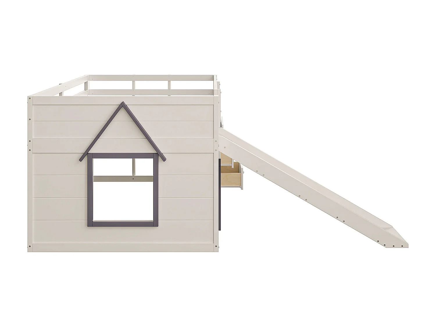 Crèmekleurig kinderbed halfhoog 140x200cm met 3 lades en schuifdeur, raamdesign, zonder matras