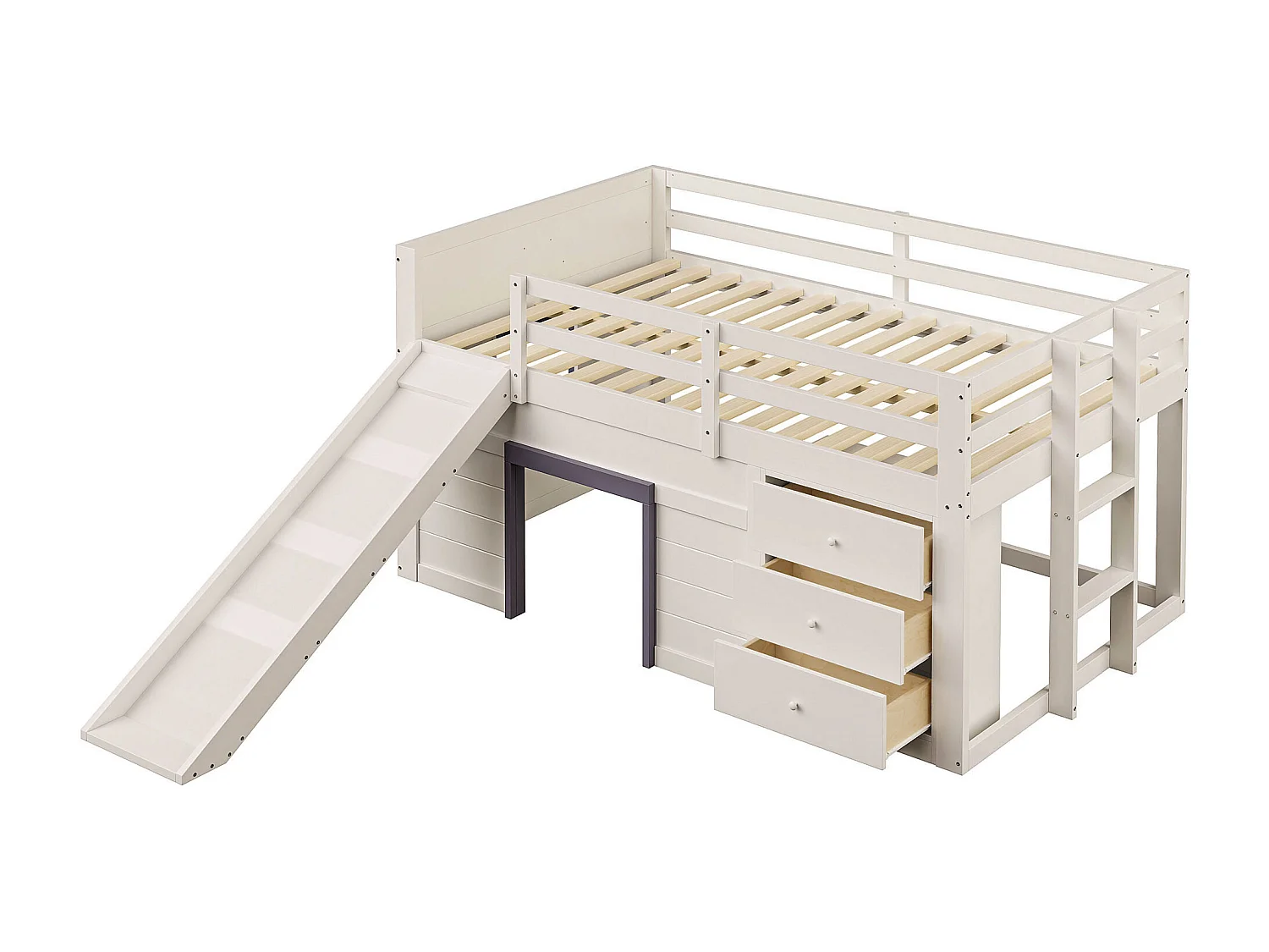 Crèmekleurig kinderbed halfhoog 140x200cm met 3 lades en schuifdeur, raamdesign, zonder matras