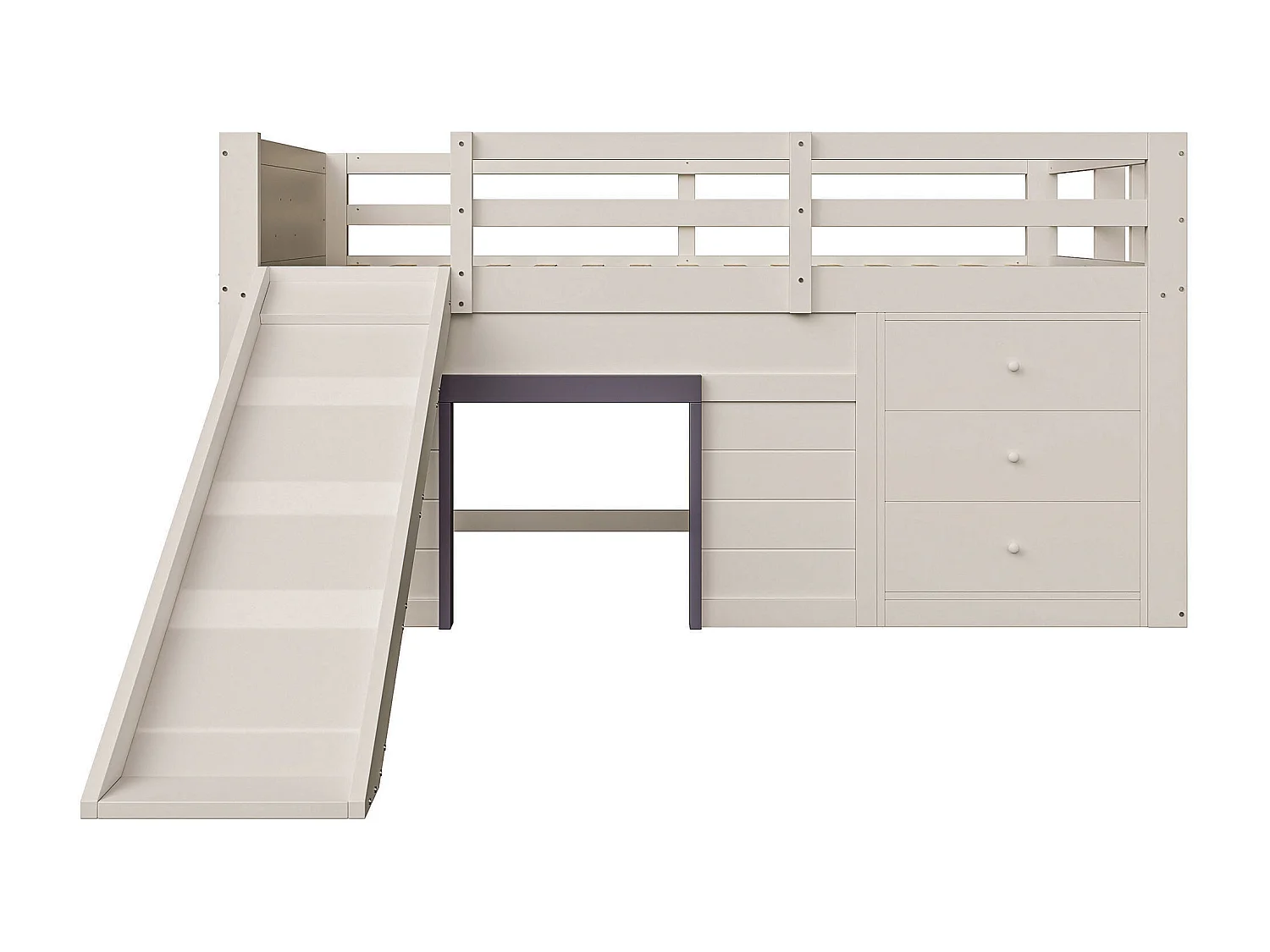 Crèmekleurig kinderbed halfhoog 140x200cm met 3 lades en schuifdeur, raamdesign, zonder matras
