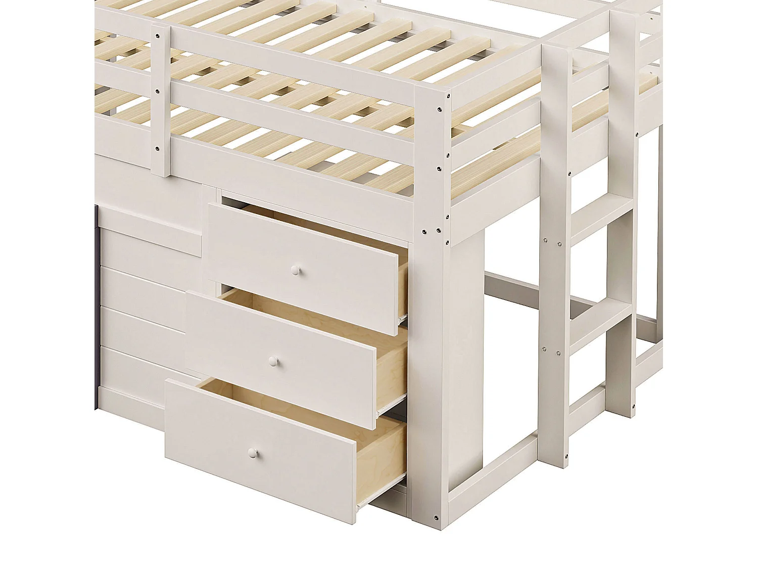 Crèmekleurig kinderbed halfhoog 140x200cm met 3 lades en schuifdeur, raamdesign, zonder matras