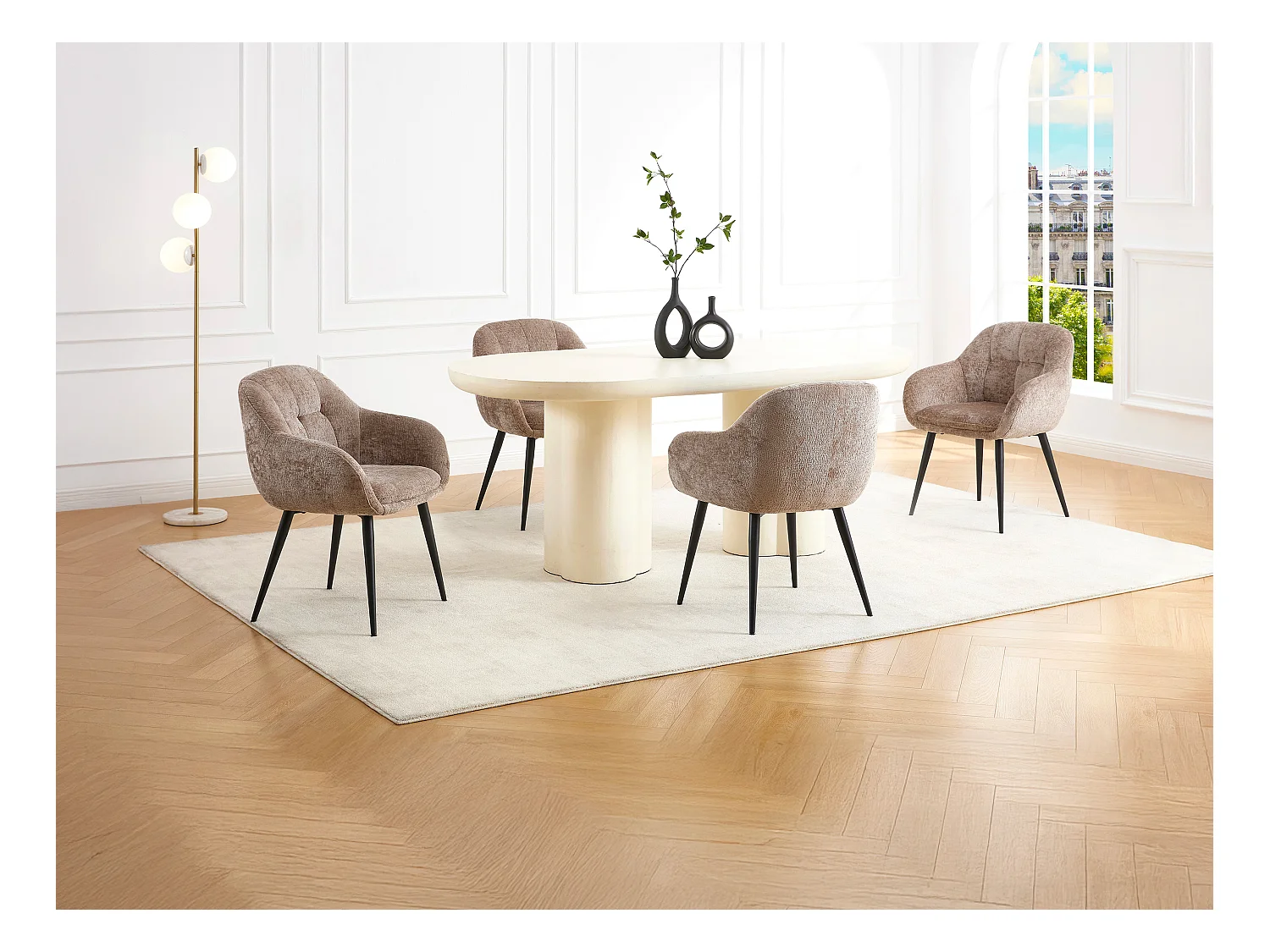 Lot de 6 chaises avec accoudoirs en tissu texturé et métal noir - Taupe - LASSANDRA de Pascal Morabito