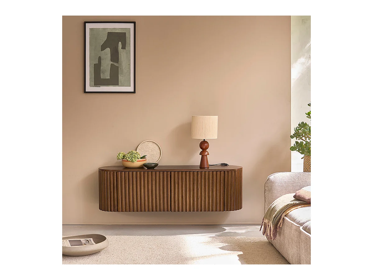 Mueble de TV suspendido de madera maciza con acabado nogal 140 cm