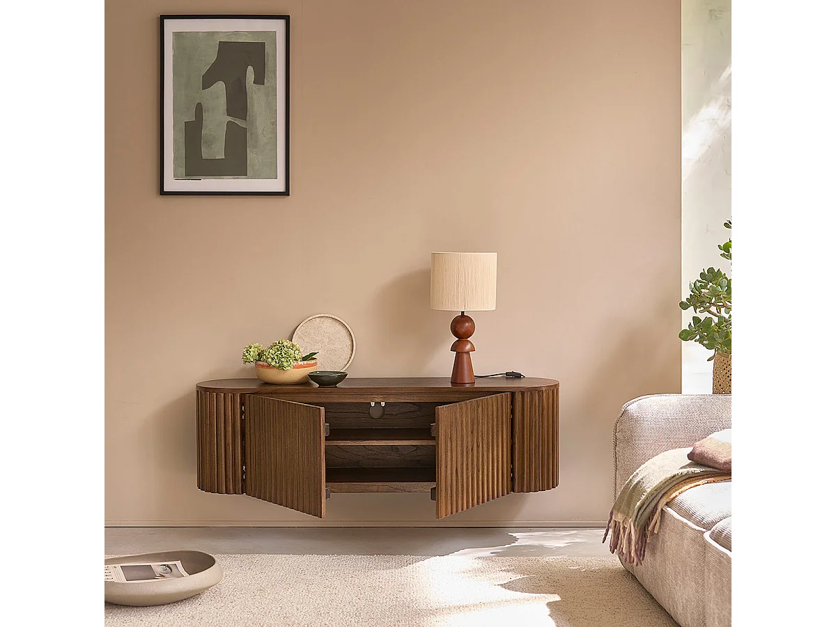 Mueble de TV suspendido de madera maciza con acabado nogal 140 cm