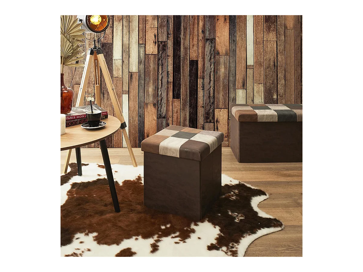 Pouf Coffre Pliable Motif Patchwork Aspect Vieux Cuir - METRO