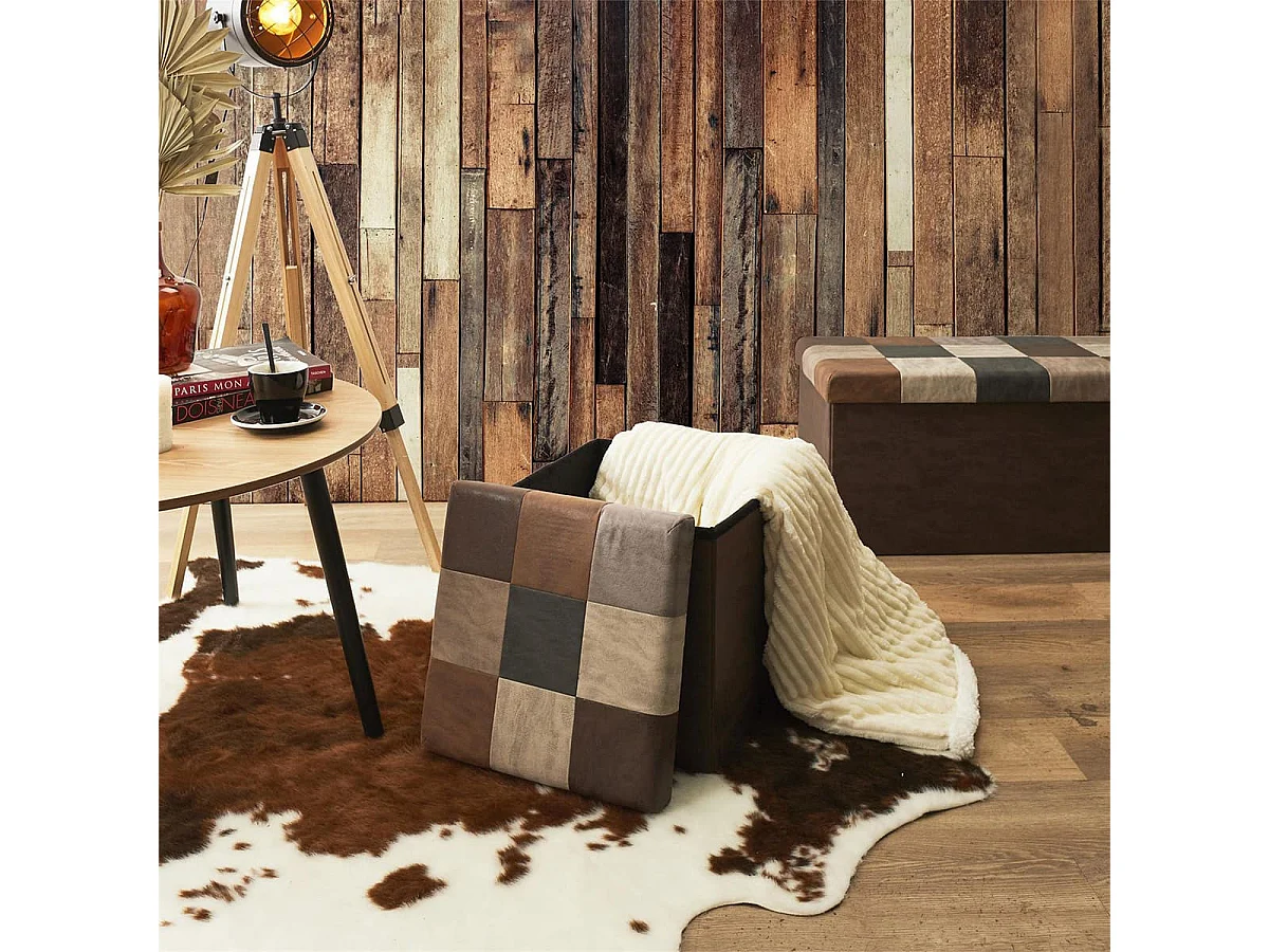 Pouf Coffre Pliable Motif Patchwork Aspect Vieux Cuir - METRO