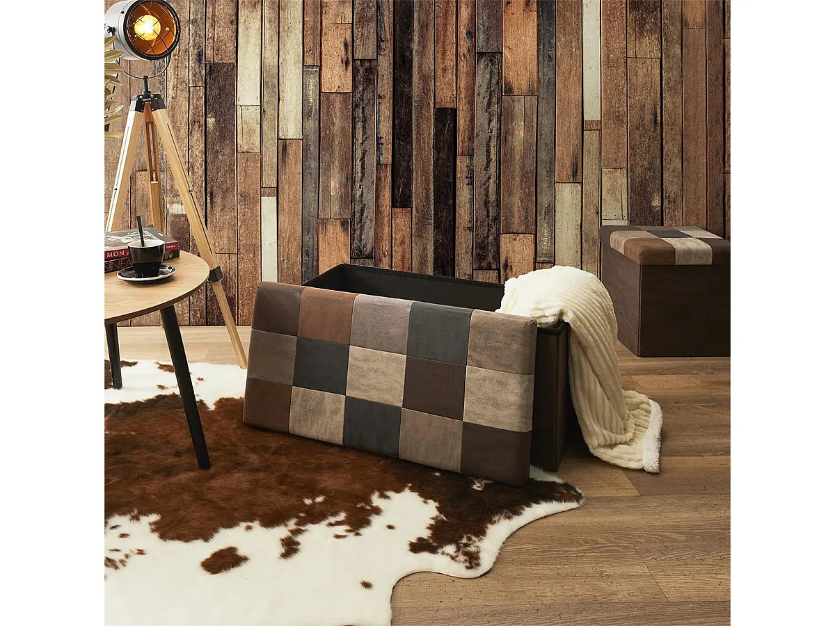 Banc Coffre Pliable Motif Patchwork Aspect Vieux Cuir - METRO