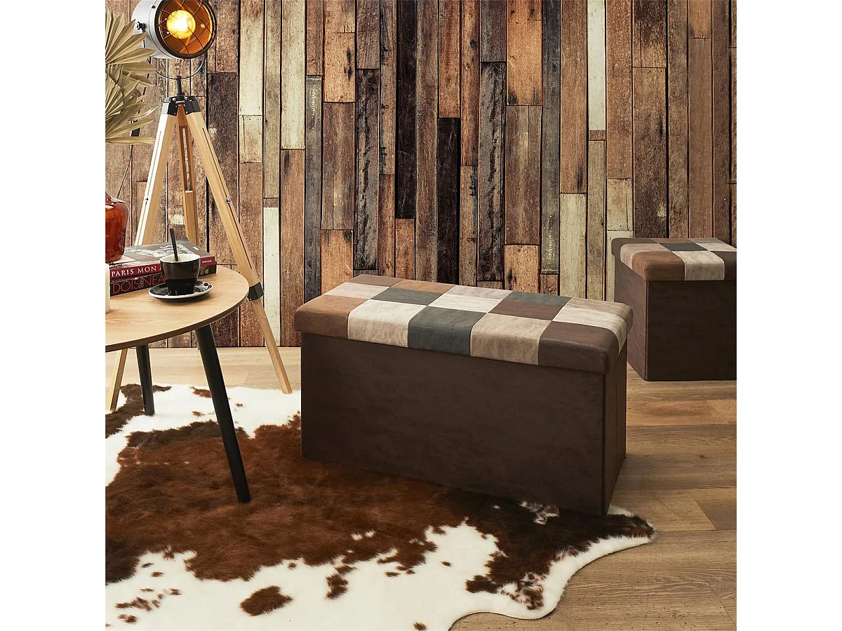 Banc Coffre Pliable Motif Patchwork Aspect Vieux Cuir - METRO