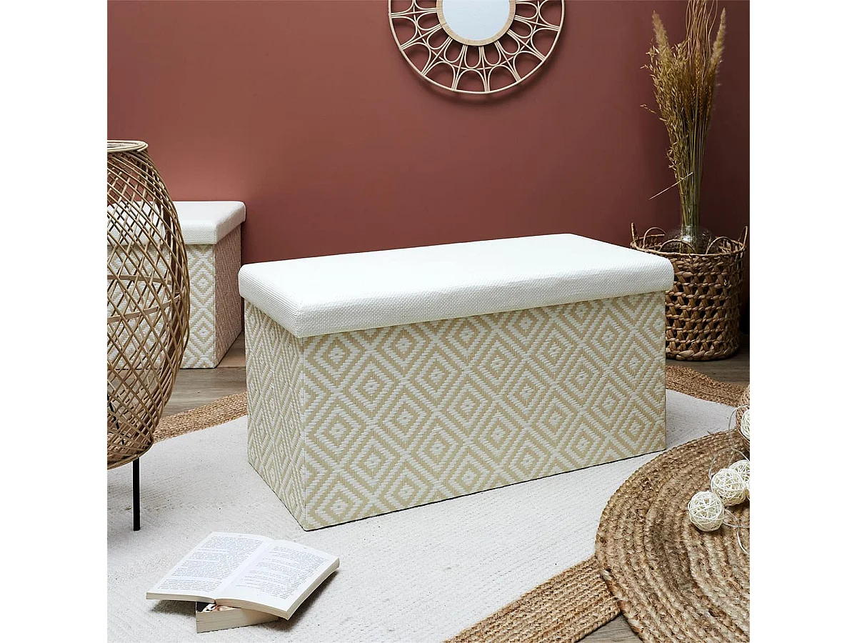 Banc Coffre Pliable Tressé Motif Géométrique Blanc et Beige - IMPERO