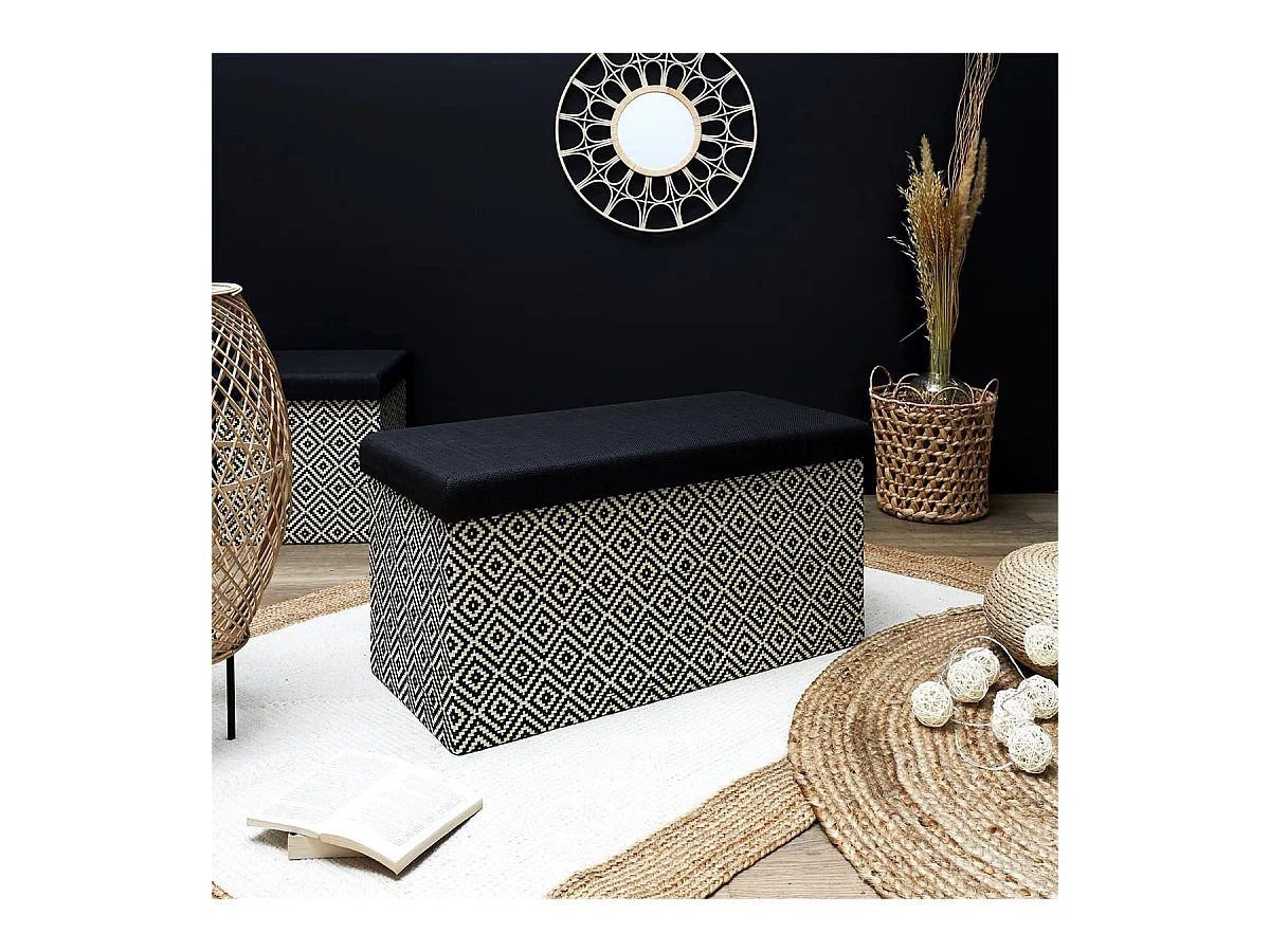 Banc Coffre Pliable Tressé Motif Géométrique Noir et Blanc - IMPERO