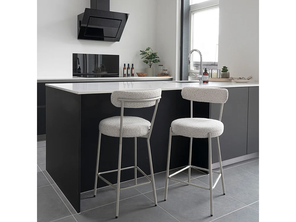 Badalona - Tabouret de bar en tissu bouclette pieds grèges H65cm - Écru