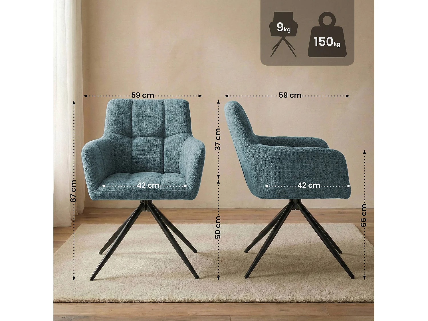 Lot de 2  chaises avec accoudoirs - Tissu - Turquoise - Jonah