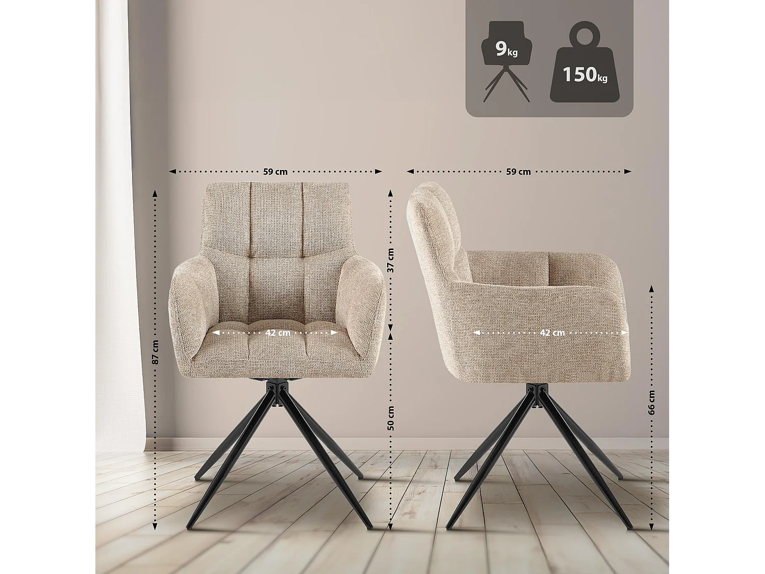 Lot de 2  chaises avec accoudoirs - Tissu - Marron clair - Jonah