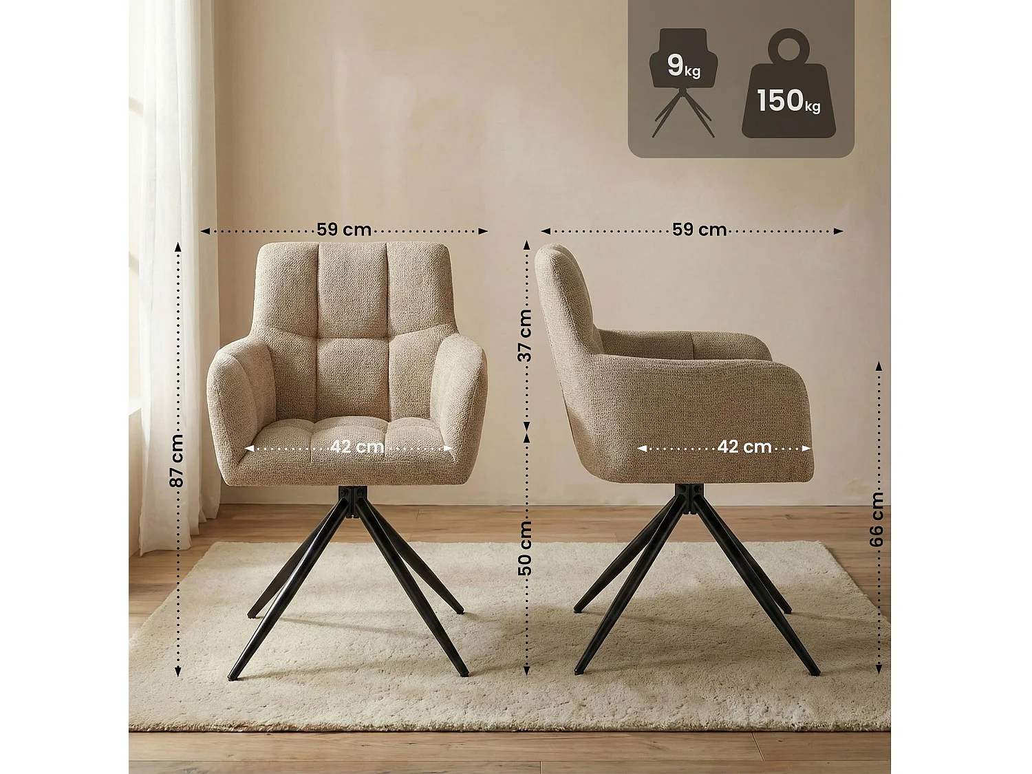 Lot de 2  chaises avec accoudoirs - Tissu - Marron clair - Jonah