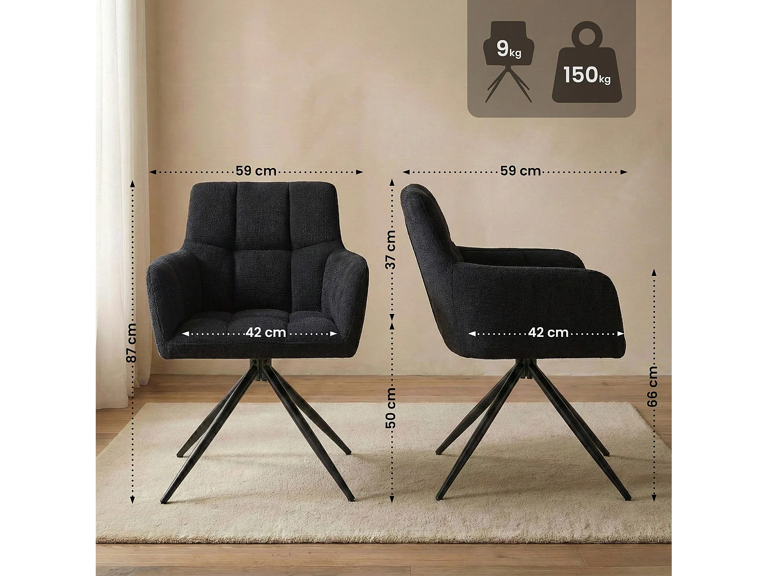 Lot de 2  chaises avec accoudoirs - Tissu - Noir - Jonah