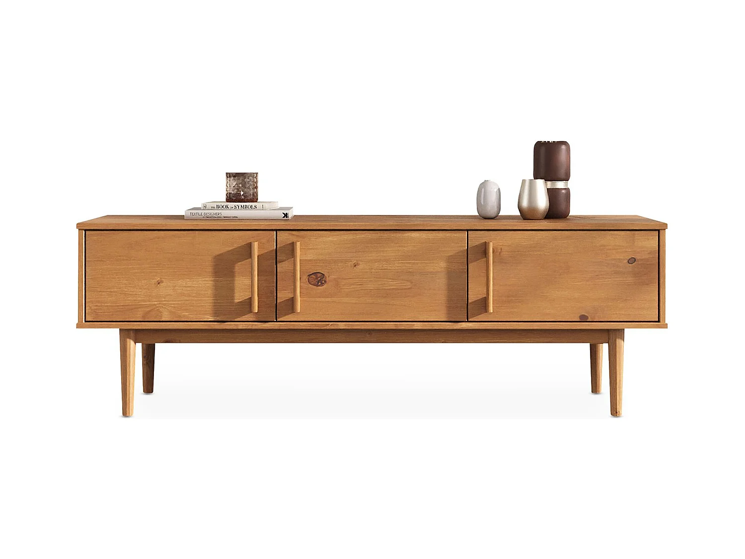 Meuble TV TECCA L 145 cm en Bois Massif Coloris Chêne avec 3 Portes, Pour Téléviseur jusqu'à 65", Meuble Télé Salon