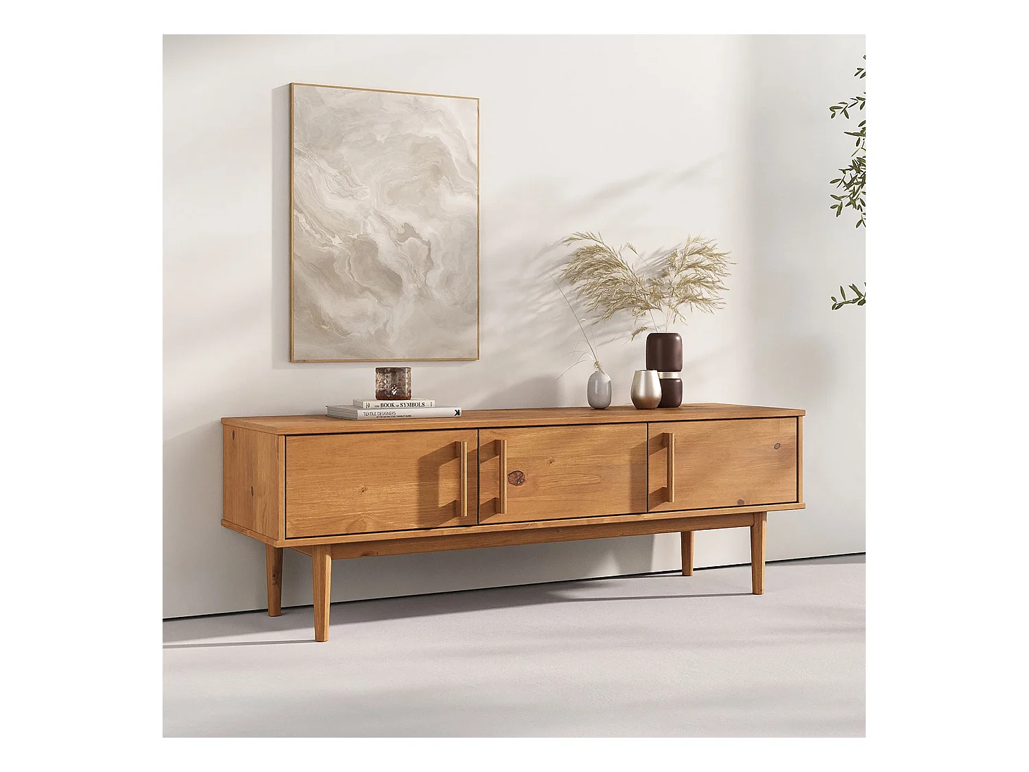 Meuble TV TECCA L 145 cm en Bois Massif Coloris Chêne avec 3 Portes, Pour Téléviseur jusqu'à 65", Meuble Télé Salon