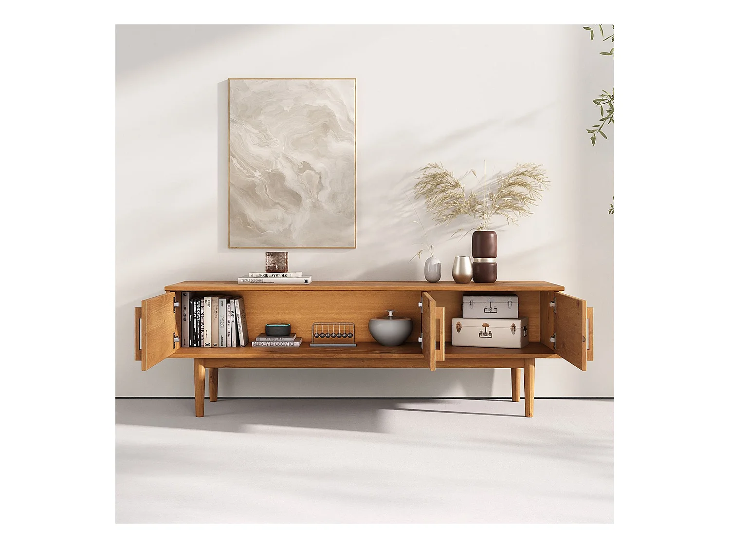 Meuble TV TECCA L 145 cm en Bois Massif Coloris Chêne avec 3 Portes, Pour Téléviseur jusqu'à 65", Meuble Télé Salon