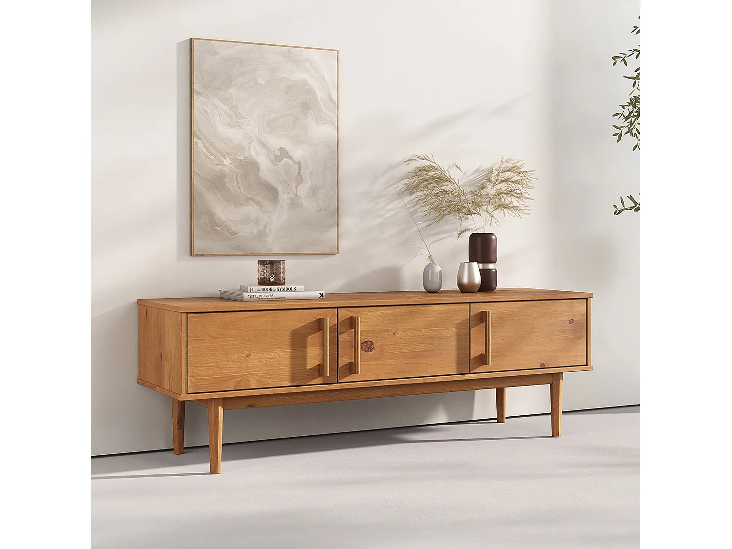 Meuble TV TECCA L 145 cm en Bois Massif Coloris Chêne avec 3 Portes, Pour Téléviseur jusqu'à 65", Meuble Télé Salon