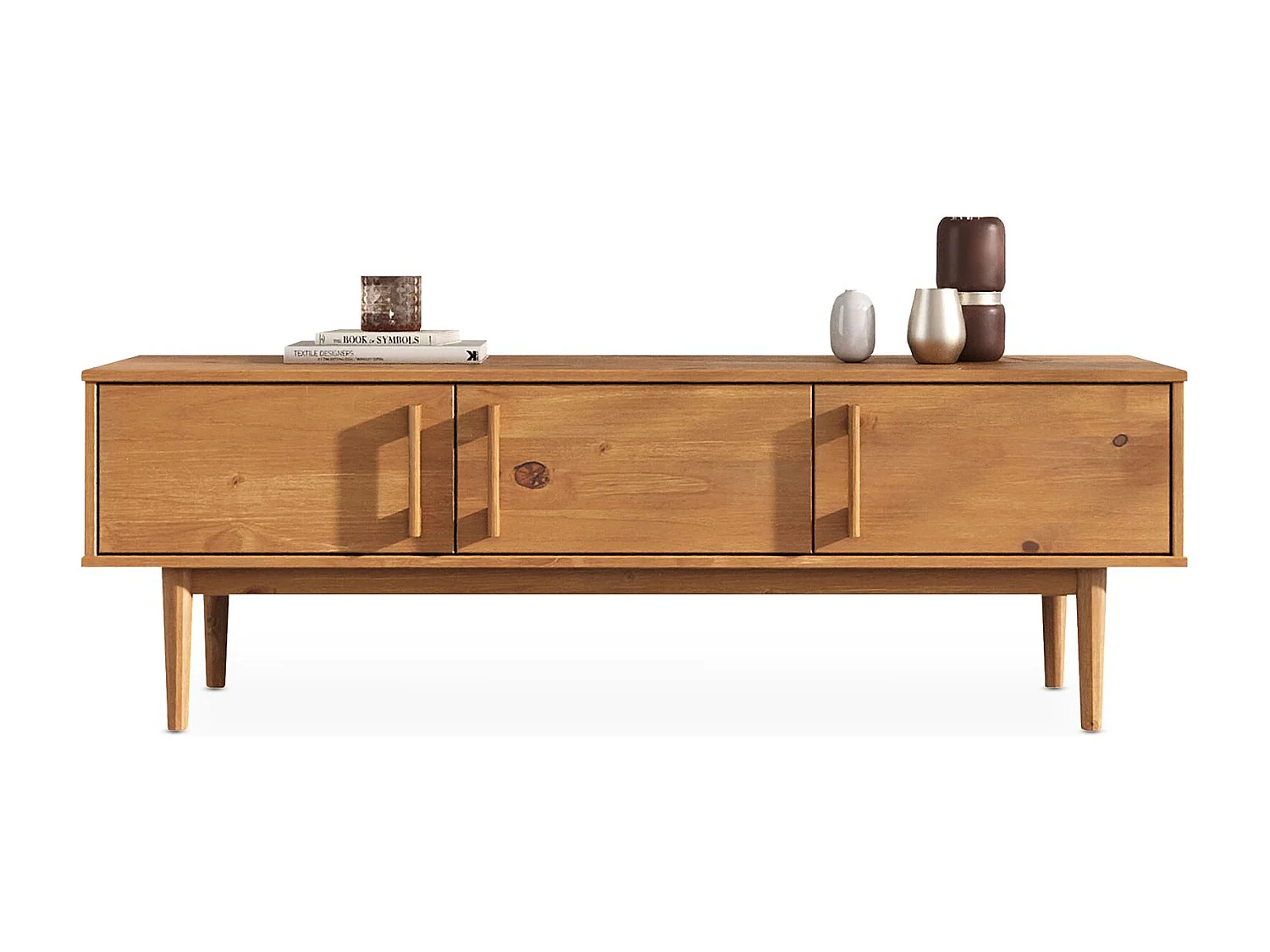 Meuble TV TECCA L 145 cm en Bois Massif Coloris Chêne avec 3 Portes, Pour Téléviseur jusqu'à 65", Meuble Télé Salon