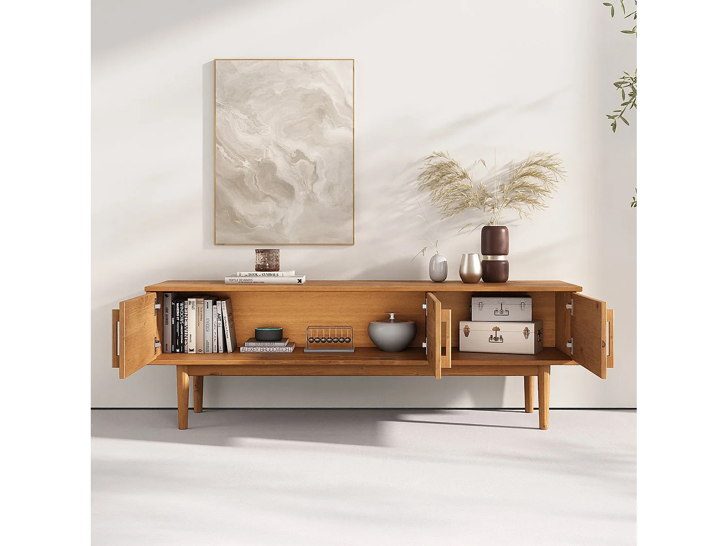 Meuble TV TECCA L 145 cm en Bois Massif Coloris Chêne avec 3 Portes, Pour Téléviseur jusqu'à 65", Meuble Télé Salon