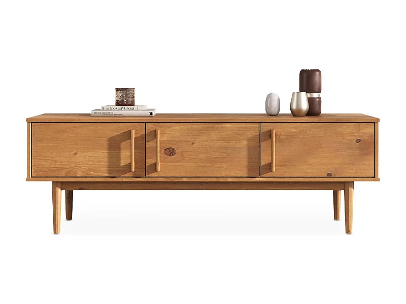 Meuble TV TECCA L 145 cm en Bois Massif Coloris Chêne avec 3 Portes, Pour Téléviseur jusqu'à 65", Meuble Télé Salon