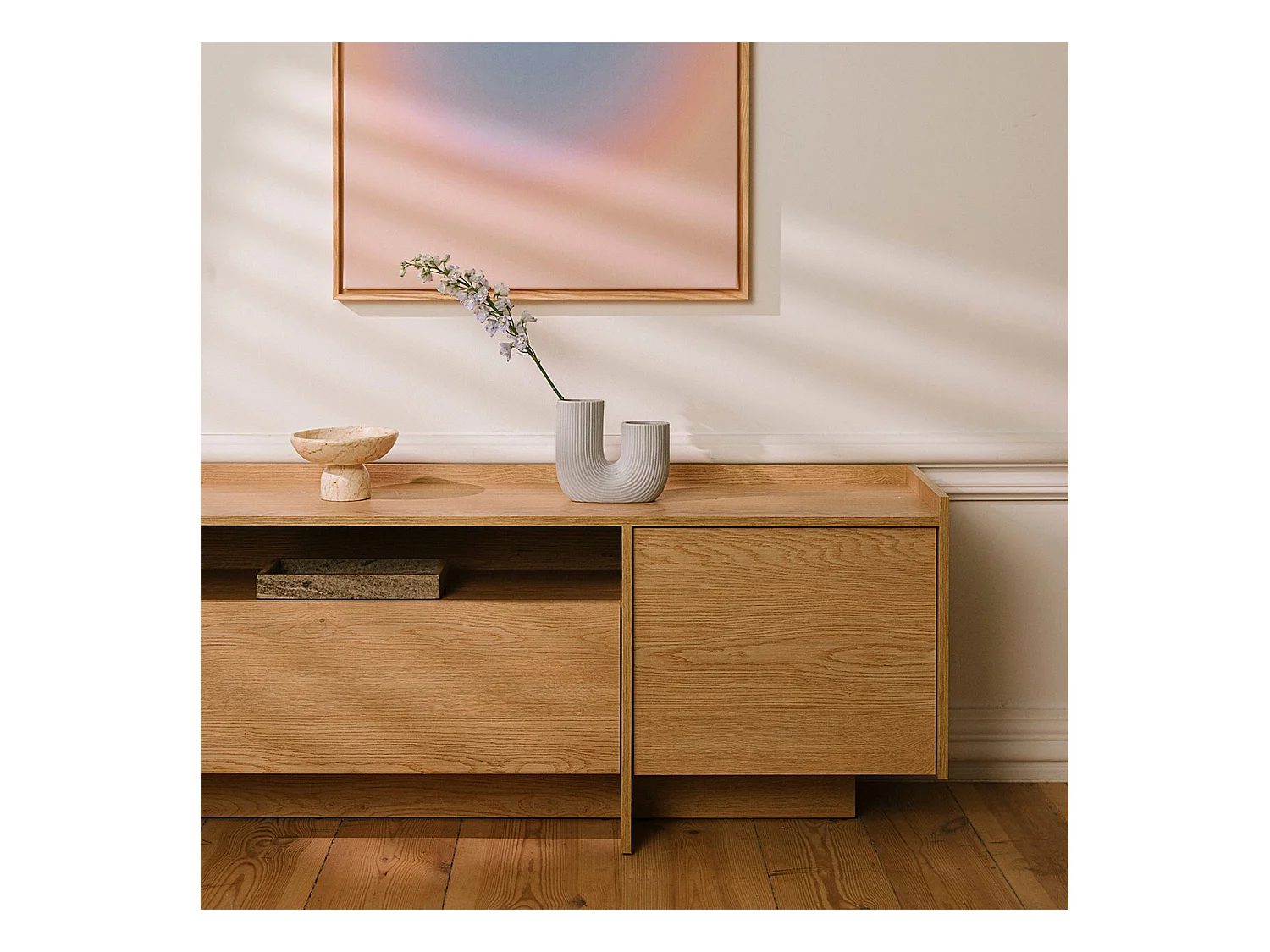 Meuble TV KLINT L 197 cm avec 3 portes et 1 niche, Decor Immitation Bois Chêne Crémona, Pour Téléviseur de 32 à 80 Pouces