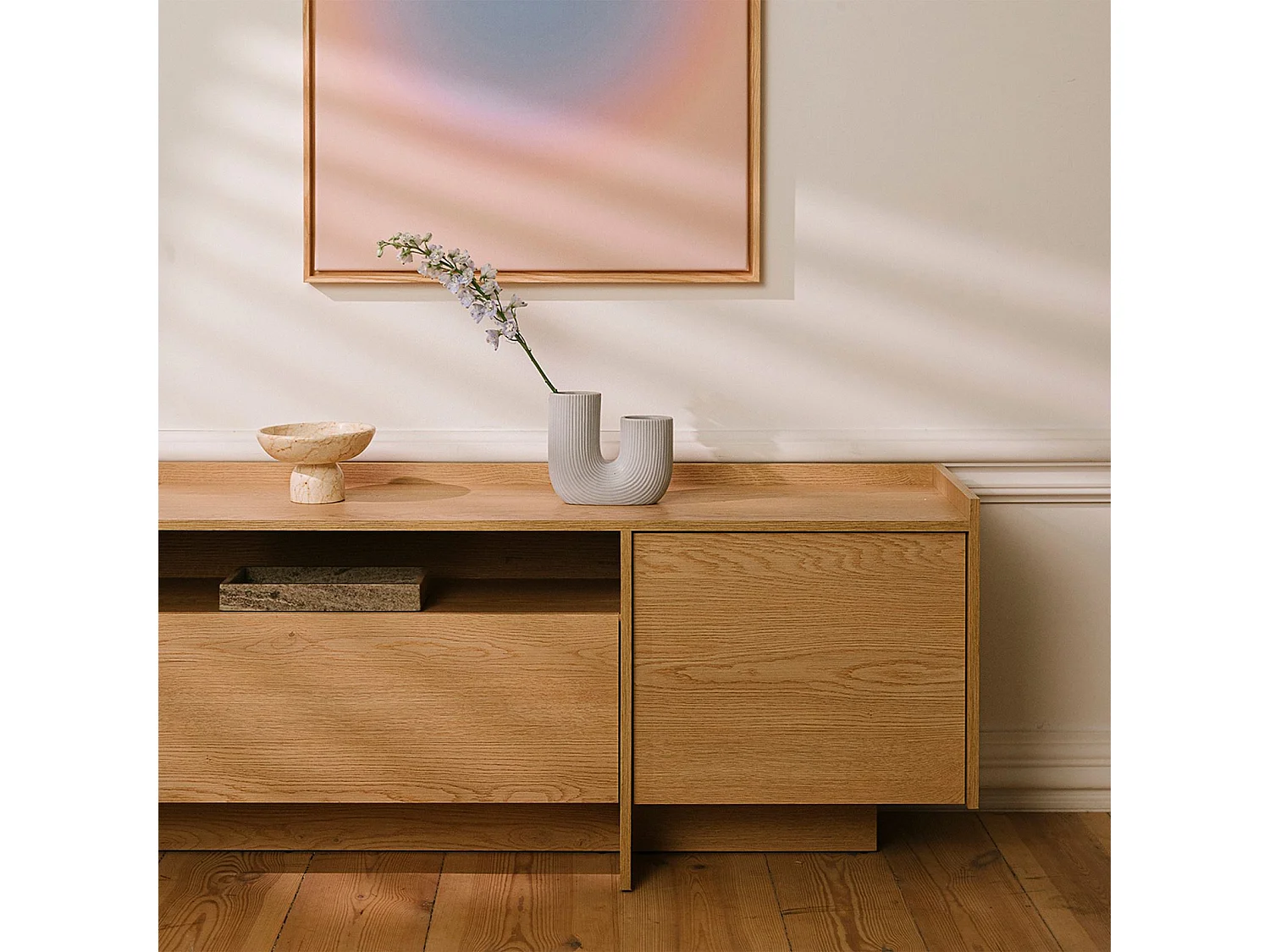 Meuble TV KLINT L 197 cm avec 3 portes et 1 niche, Decor Immitation Bois Chêne Crémona, Pour Téléviseur de 32 à 80 Pouces