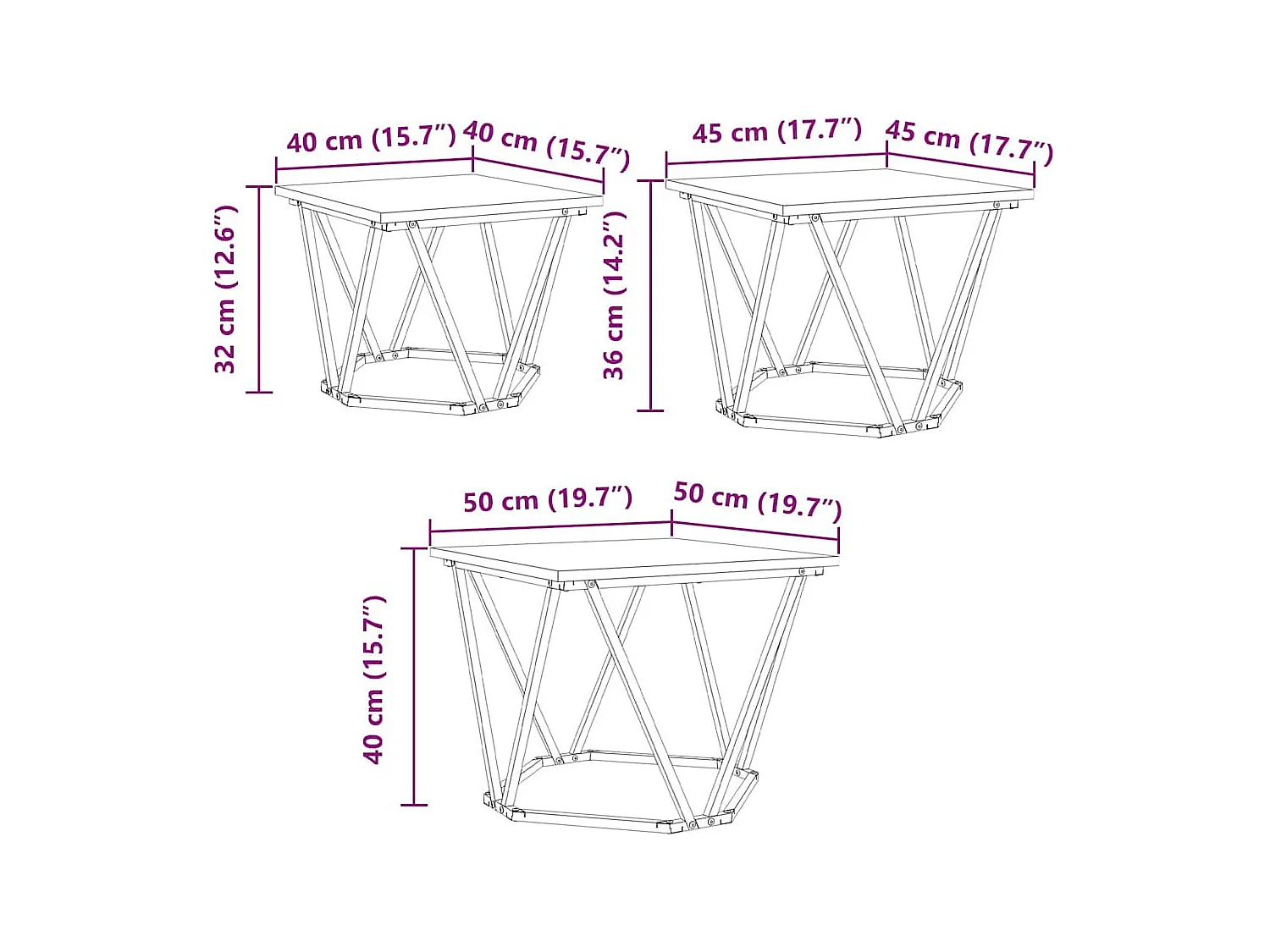Table basse 3 pièces chêne artisanal 50 x 50 x 40 cm