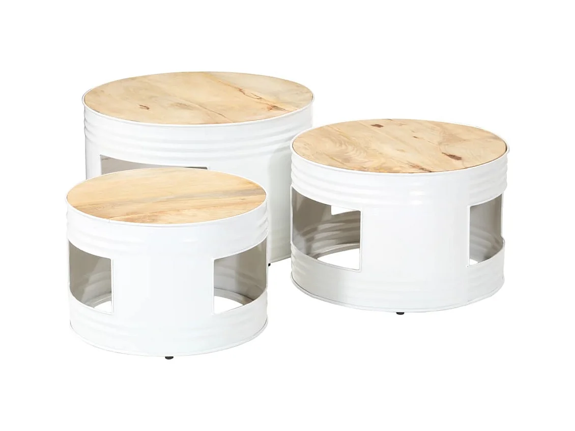 Tables de bar forme tambour 3 pièces bois de manguier massif brut