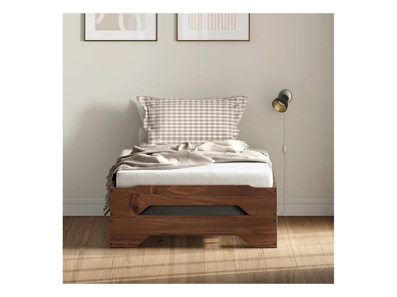 Lot de 2 lits superposables RONNY 90 x 200 cm brun foncé couchage supplémentaire fonctionnel en pin massif