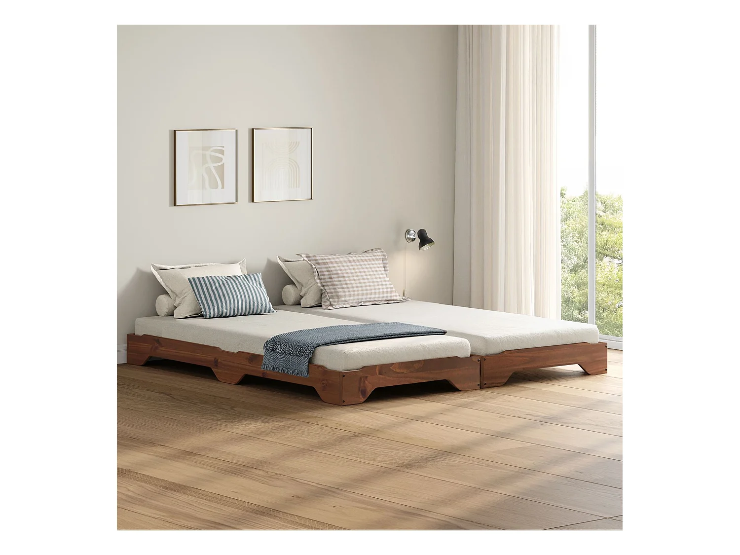 Lot de 2 lits superposables RONNY 90 x 200 cm brun foncé couchage supplémentaire fonctionnel en pin massif