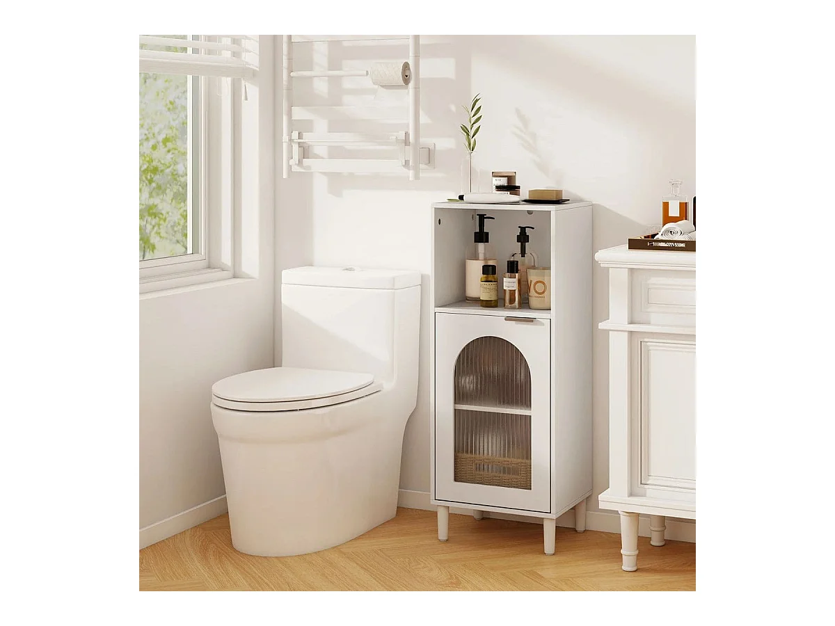 Mobiletto da bagno Mobiletto da bagno stretto con scomparto aperto e porta in vetro Mobiletto da bagno in legno con ripiano regolabile 35 x 30 x 90 cm Bianco