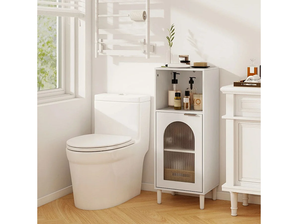 Mobiletto da bagno Mobiletto da bagno stretto con scomparto aperto e porta in vetro Mobiletto da bagno in legno con ripiano regolabile 35 x 30 x 90 cm Bianco